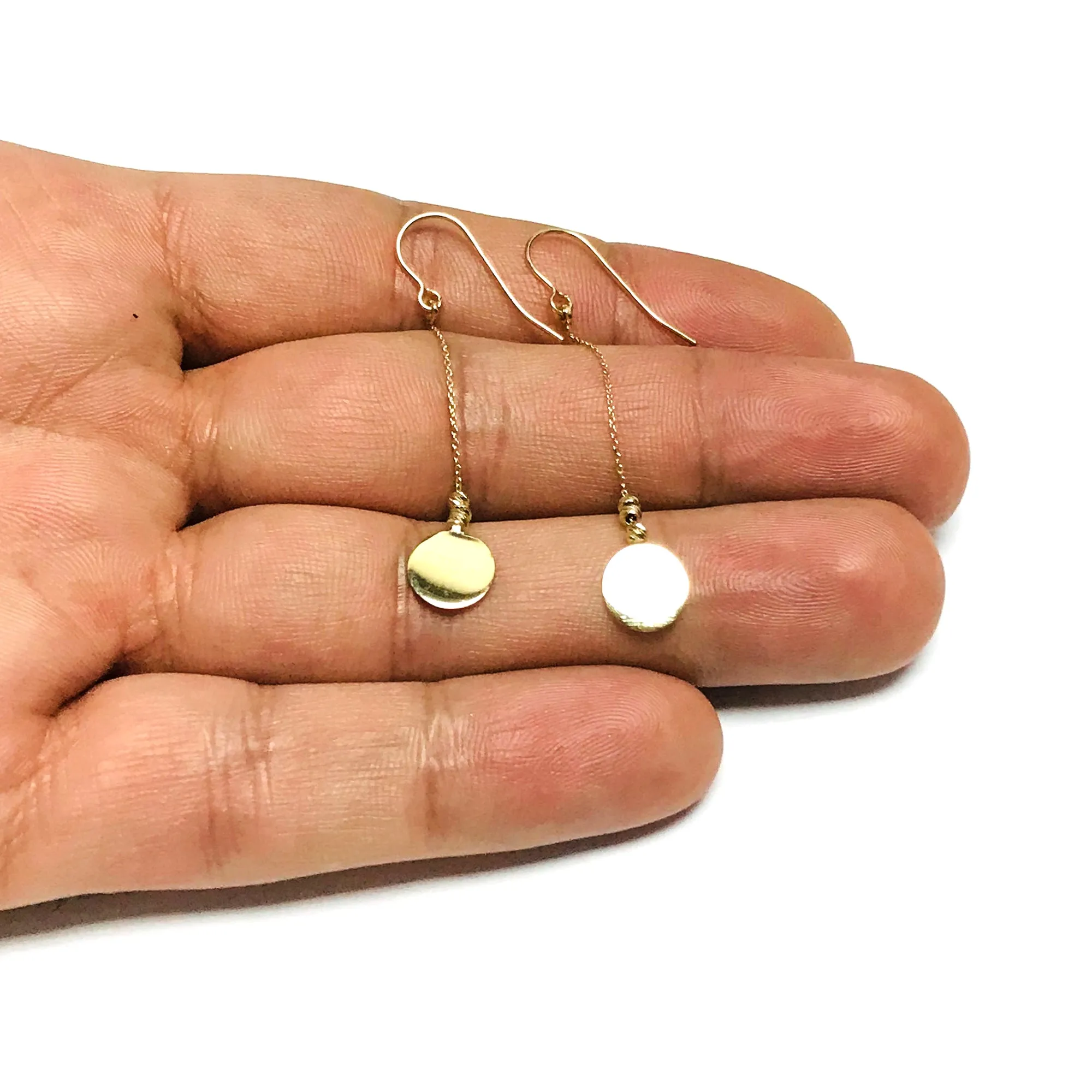10K Yellow Gold Diamond Cut Bead With Flat Shiny Disc Drop Earrings