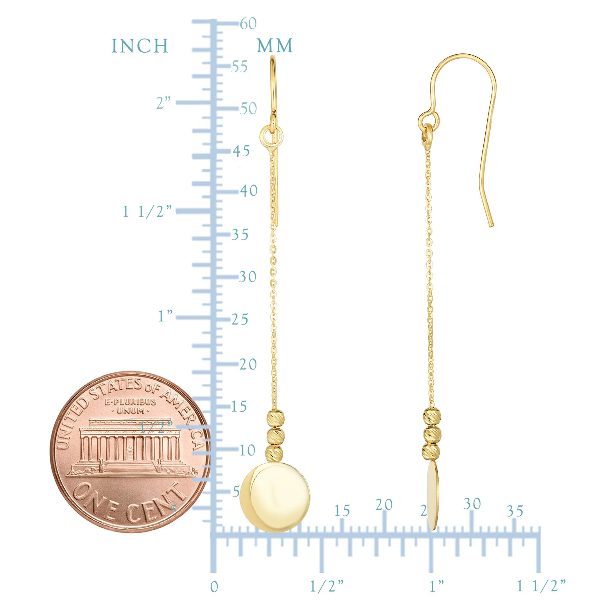 10K Yellow Gold Diamond Cut Bead With Flat Shiny Disc Drop Earrings