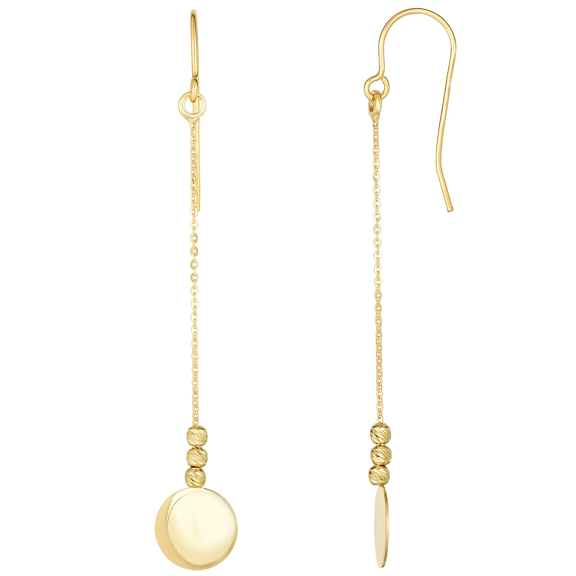 10K Yellow Gold Diamond Cut Bead With Flat Shiny Disc Drop Earrings