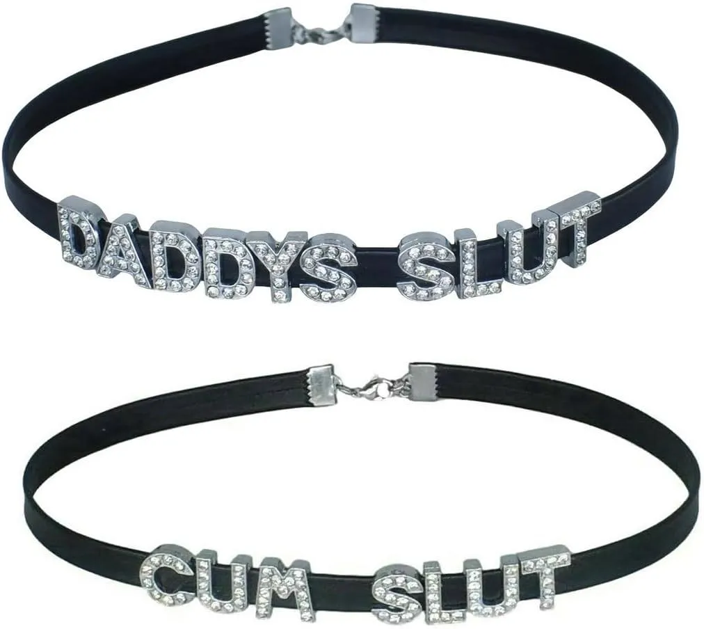 2Pcs DADDY'S SLUT CUM SLUT Choker Necklaces For Women Honey Princess Hotwife,Cute Sexy Faux Leather Dad Collar Chokers Outfit Accessories Jewelry