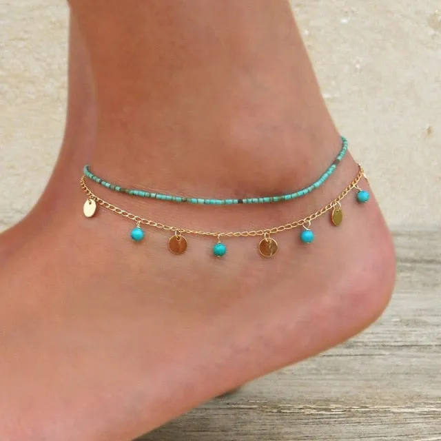 4pcs New Black Feather Lotus Anklets For Women Fashion Heart Charm Boho Bangles for Women Wrist Chain Bracelets Party Jewelry
