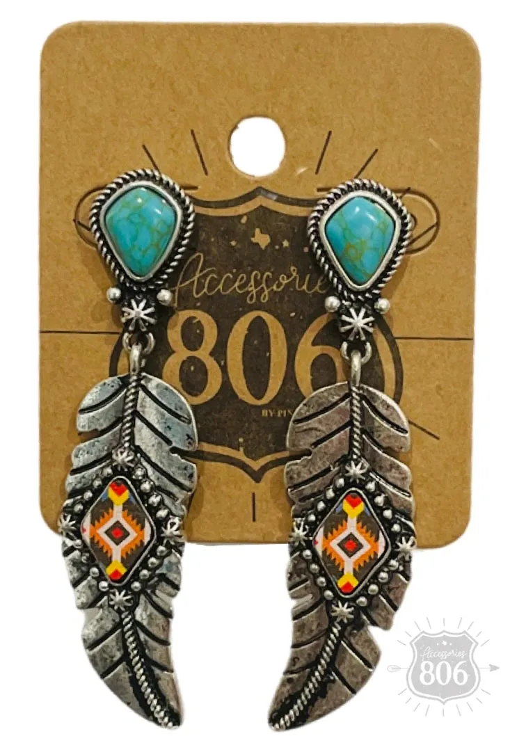 806 By Pink Panache Silver Feather On Stone Post Earring