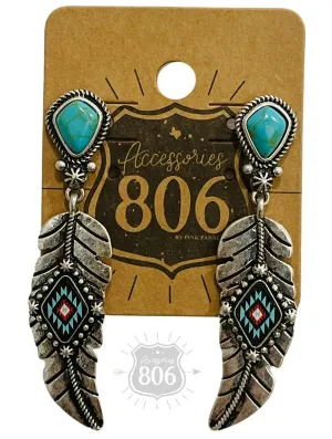 806 By Pink Panache Silver Feather On Stone Post Earring