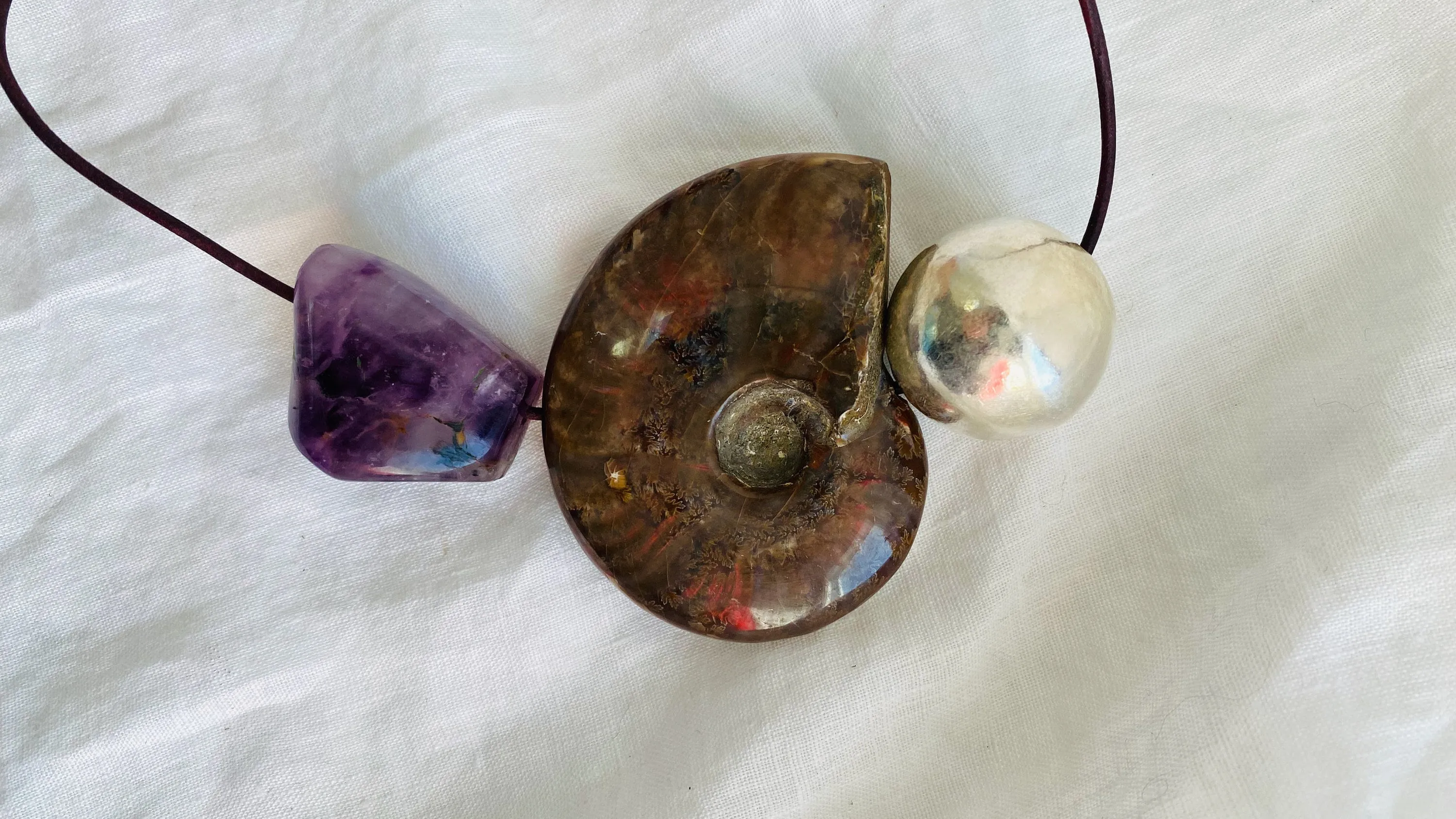 Ammonite, Fluorite and Sterling Silver Pendant Necklace. 1214