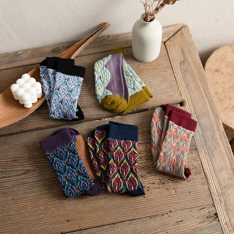 Anysox 5 Pairs Size 5-9 Coffee Brown Abstract Socks Retor Luxury Autumn Winter Peacock Feather Pattern Style With Soken Chaussette Femme