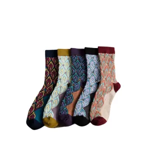 Anysox 5 Pairs Size 5-9 Multicolor Abstract Long Socks Retor Luxury Autumn Winter Peacock Feather Pattern Style With Soken Chaussette Femme