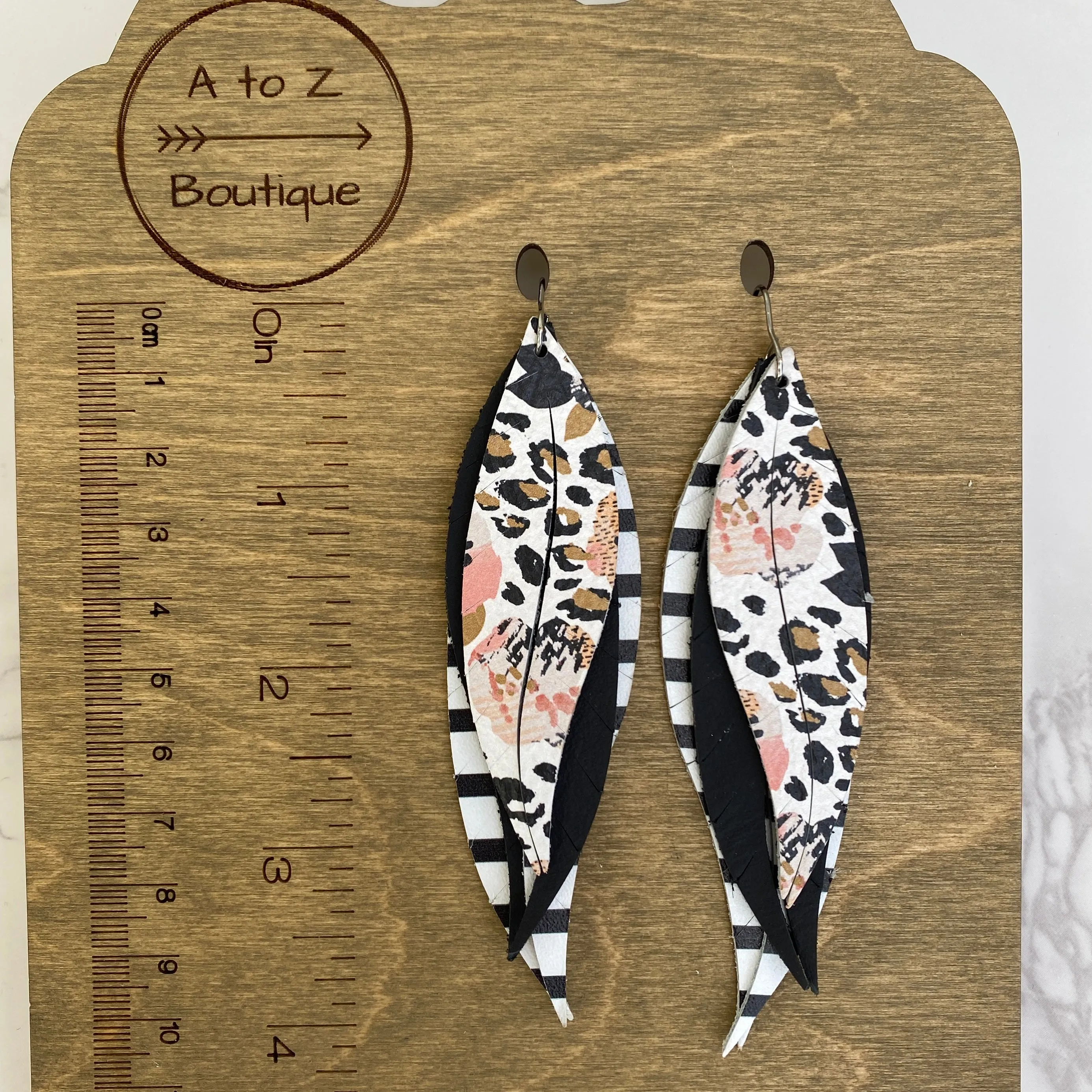 Black White and Pink Floral Split Feather Earrings