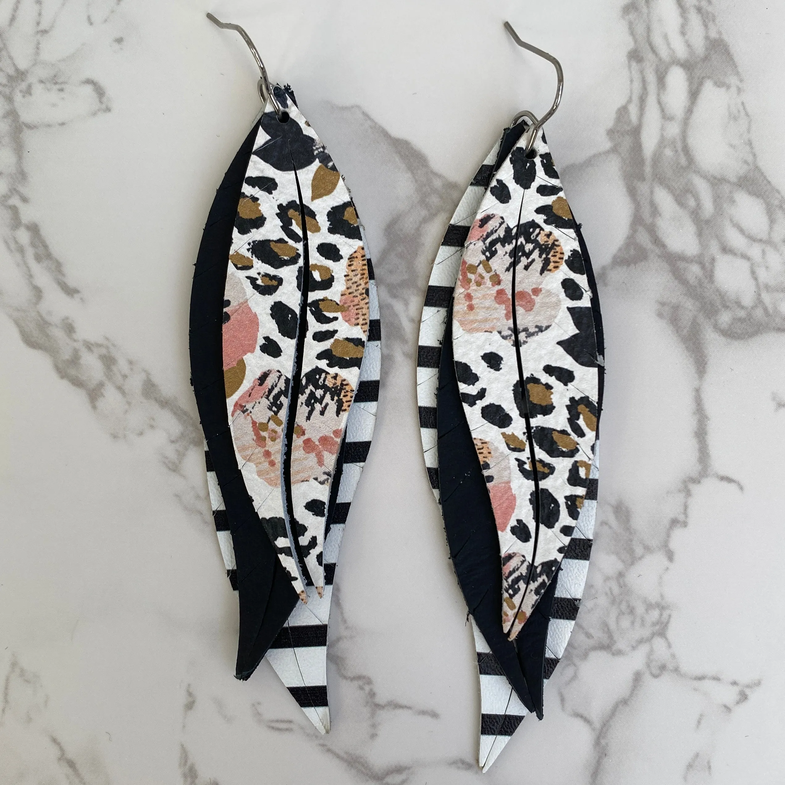 Black White and Pink Floral Split Feather Earrings