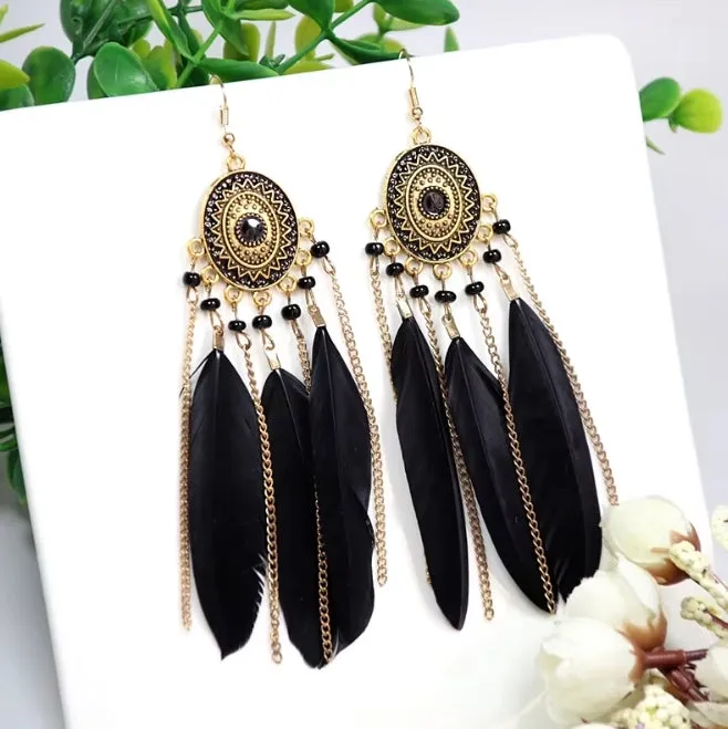 Bohemian Feather Earrings, Boho Style In Black