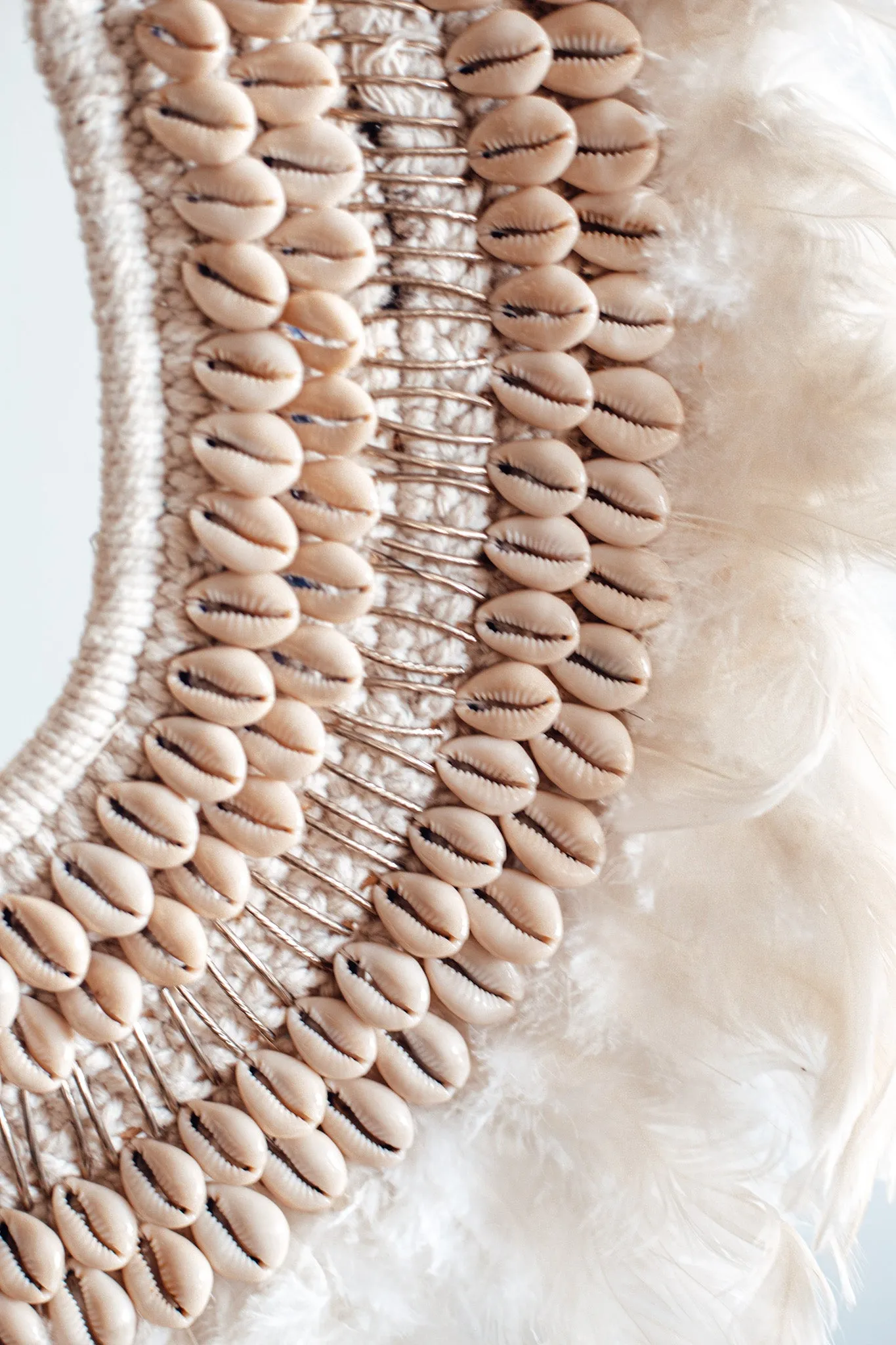 Collar - Feathers WHITE Cowrie Shell with Silver Long Beads