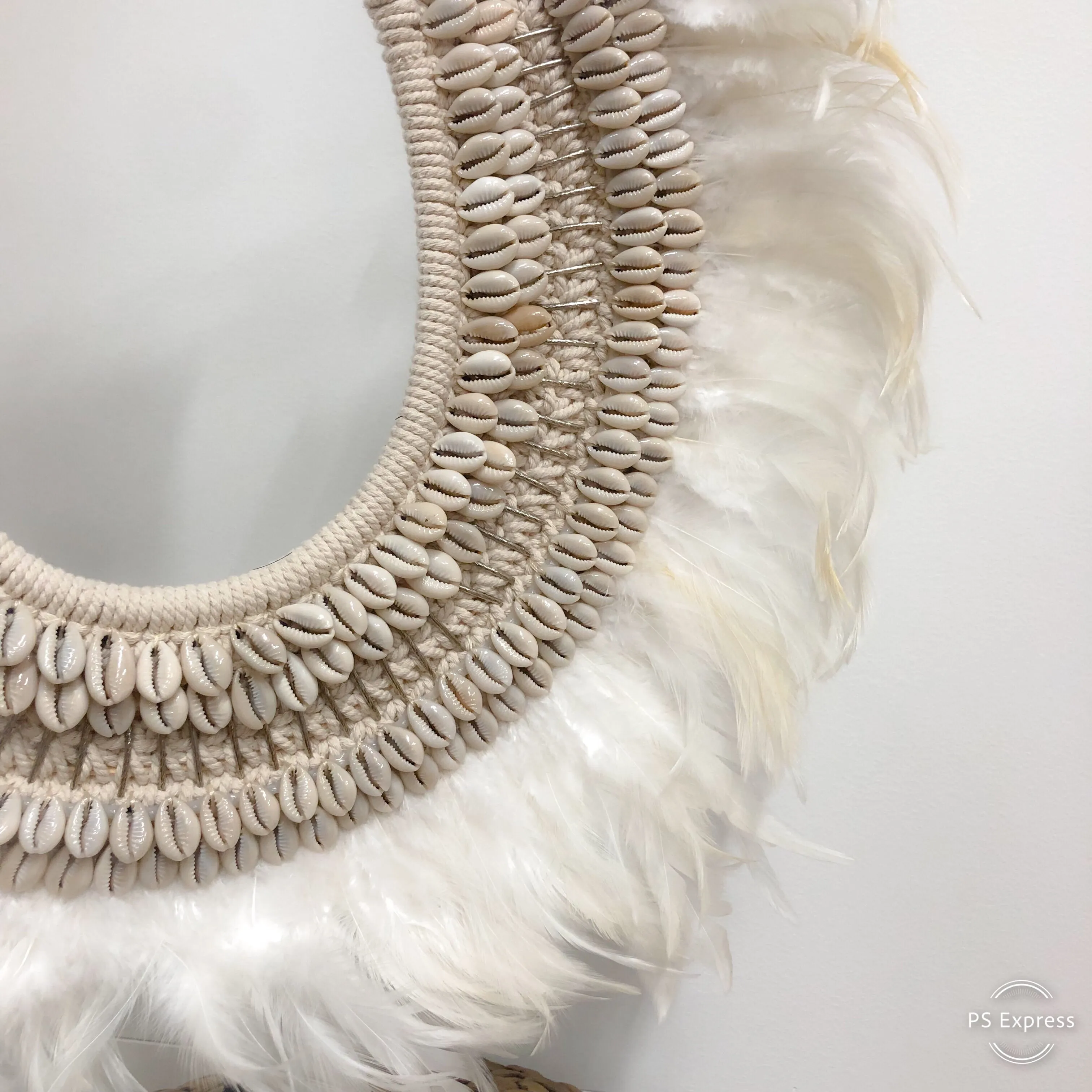 Collar - Feathers WHITE Cowrie Shell with Silver Long Beads