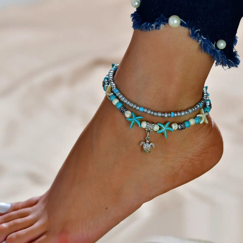 Conch starfish pendant rice bead anklet