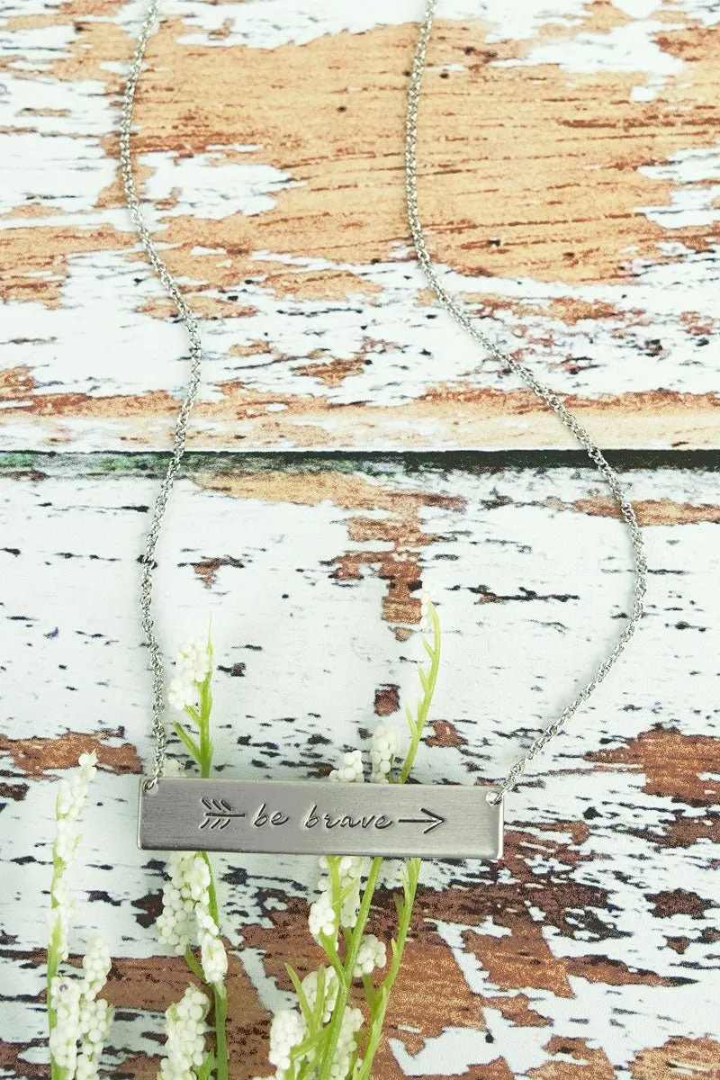 Crystal Avenue Matte Silvertone 'Be Brave' Bar Necklace
