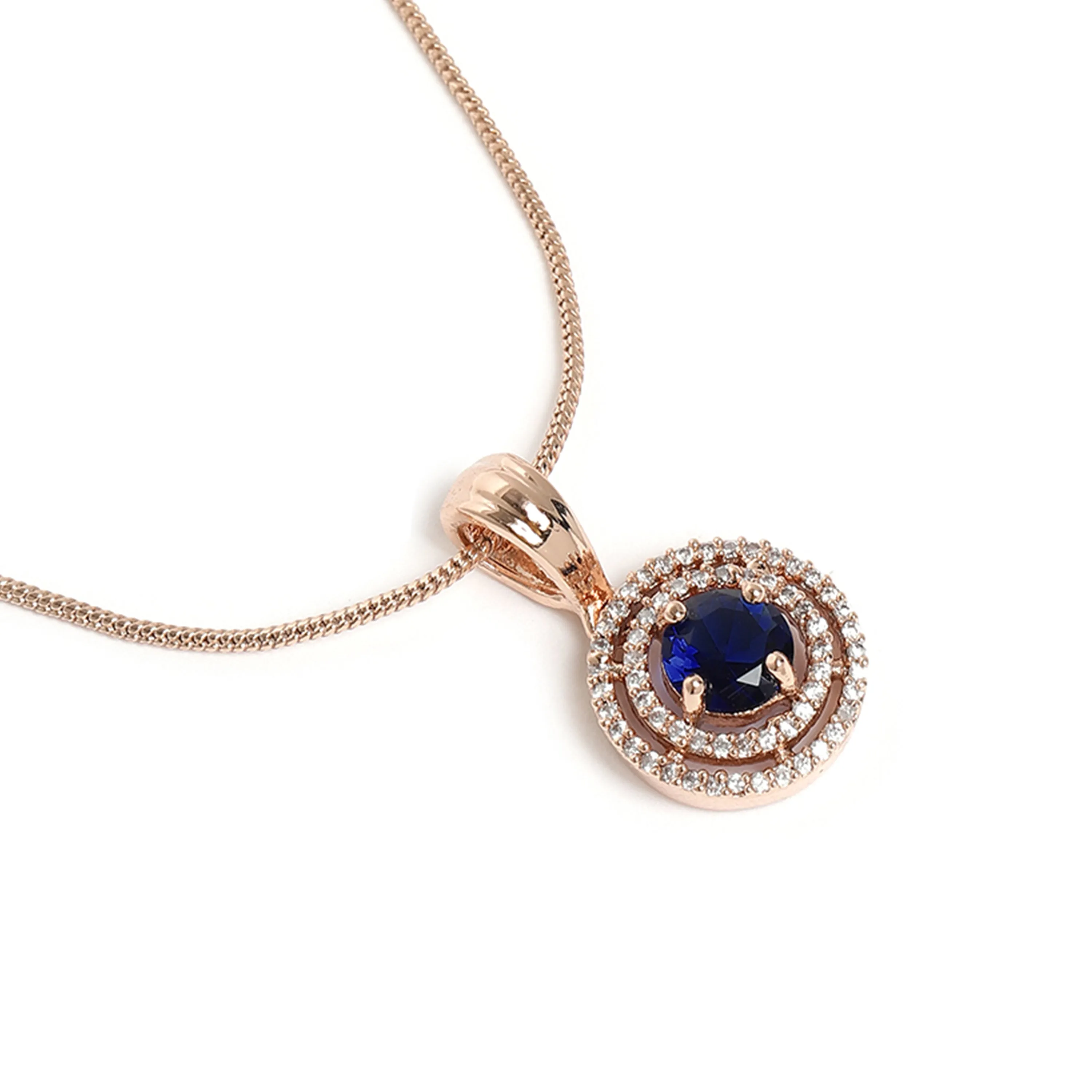 Estele Rose Gold Plated CZ Circular Pendant Set with Blue Stones for Women