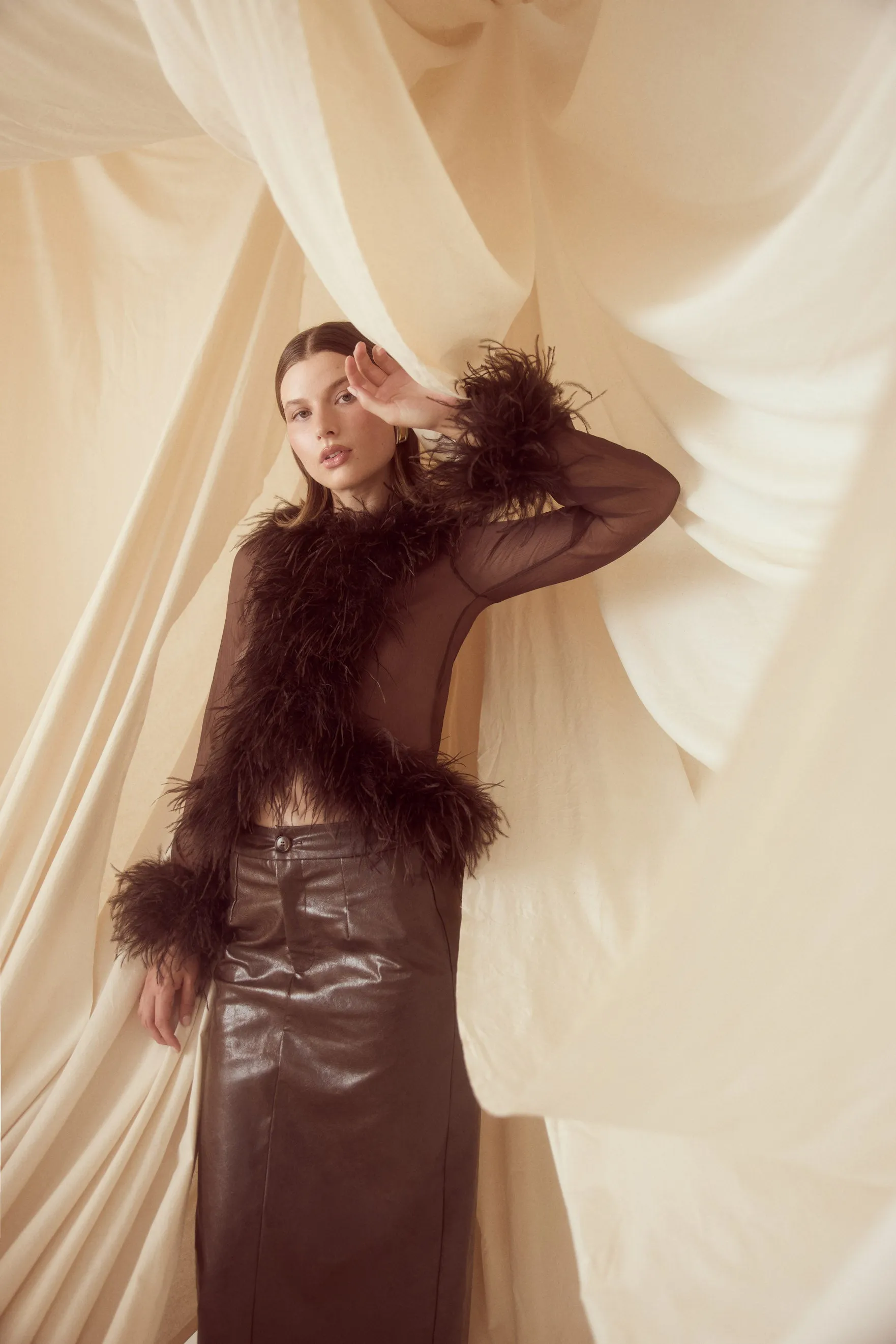 Gigi Sheer Feather Blouse - Chocolate