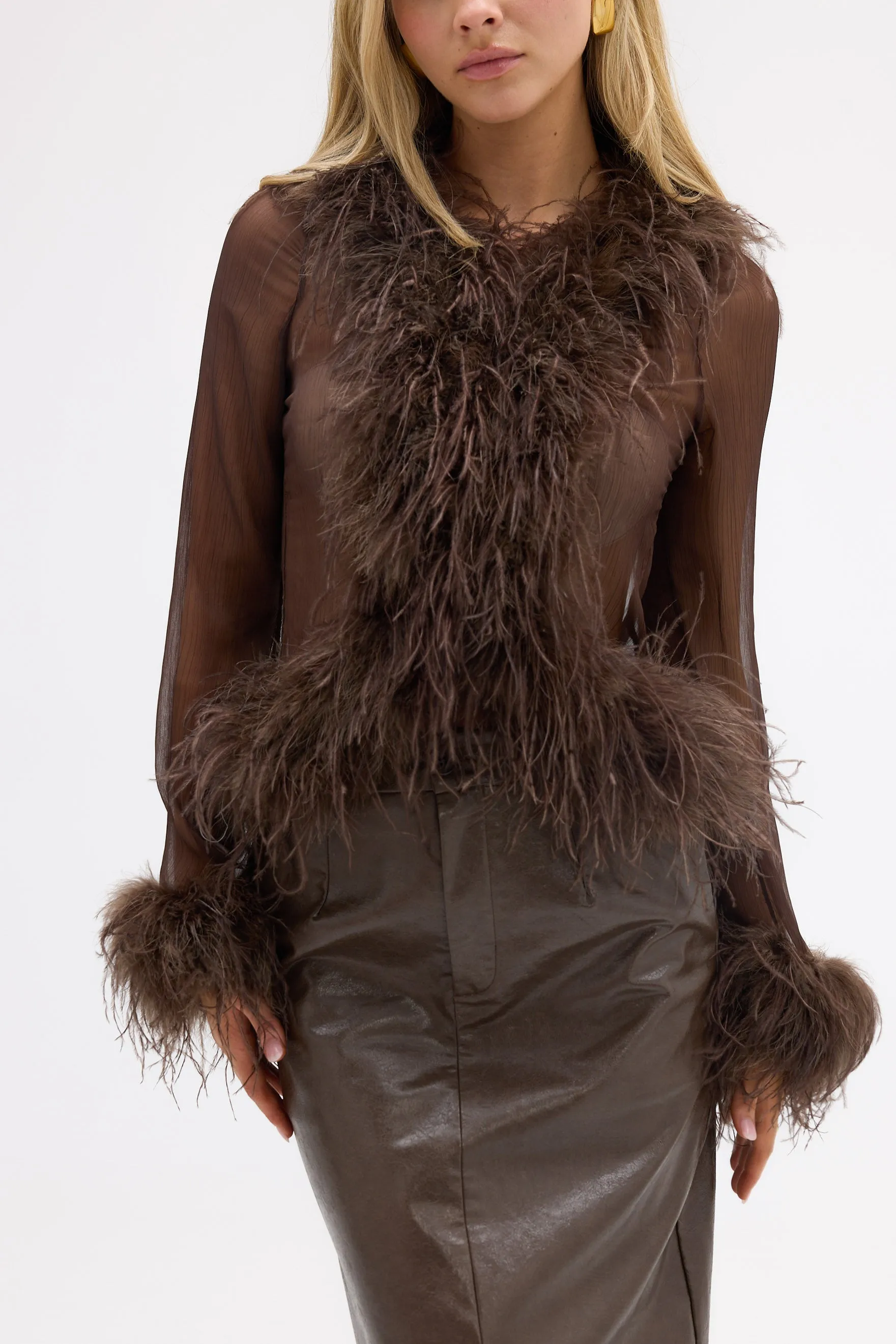 Gigi Sheer Feather Blouse - Chocolate
