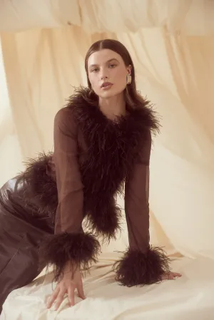 Gigi Sheer Feather Blouse - Chocolate
