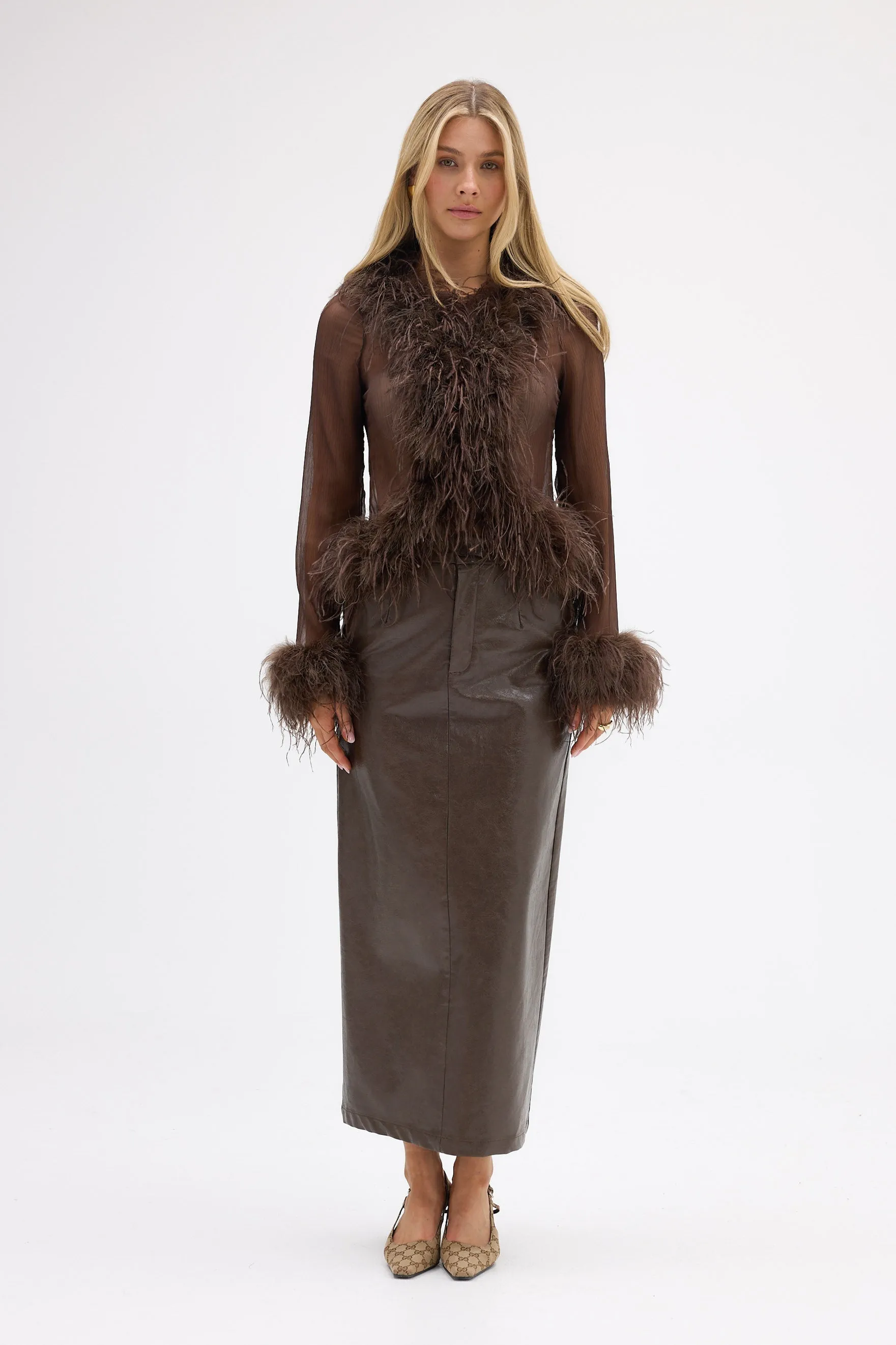 Gigi Sheer Feather Blouse - Chocolate