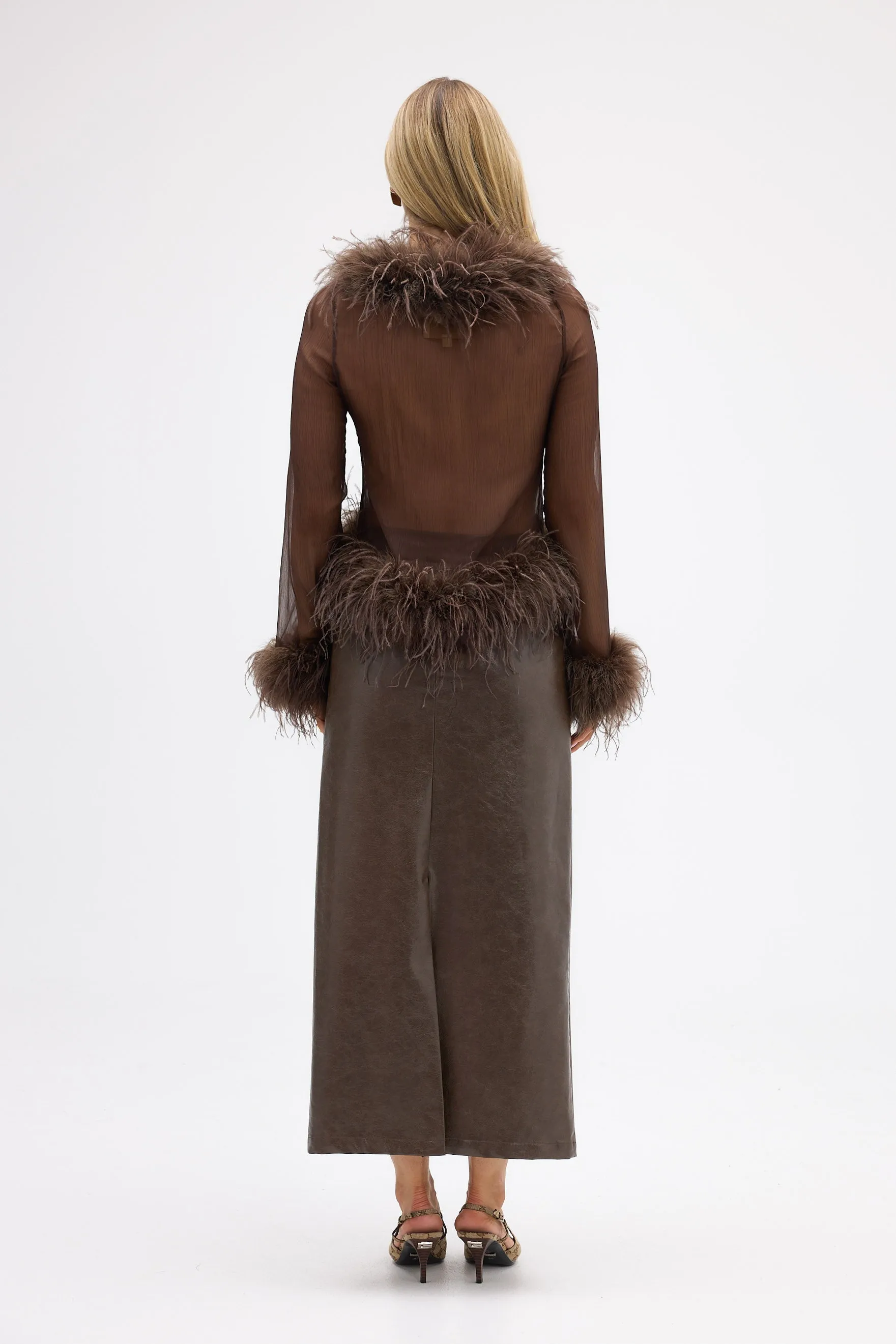 Gigi Sheer Feather Blouse - Chocolate