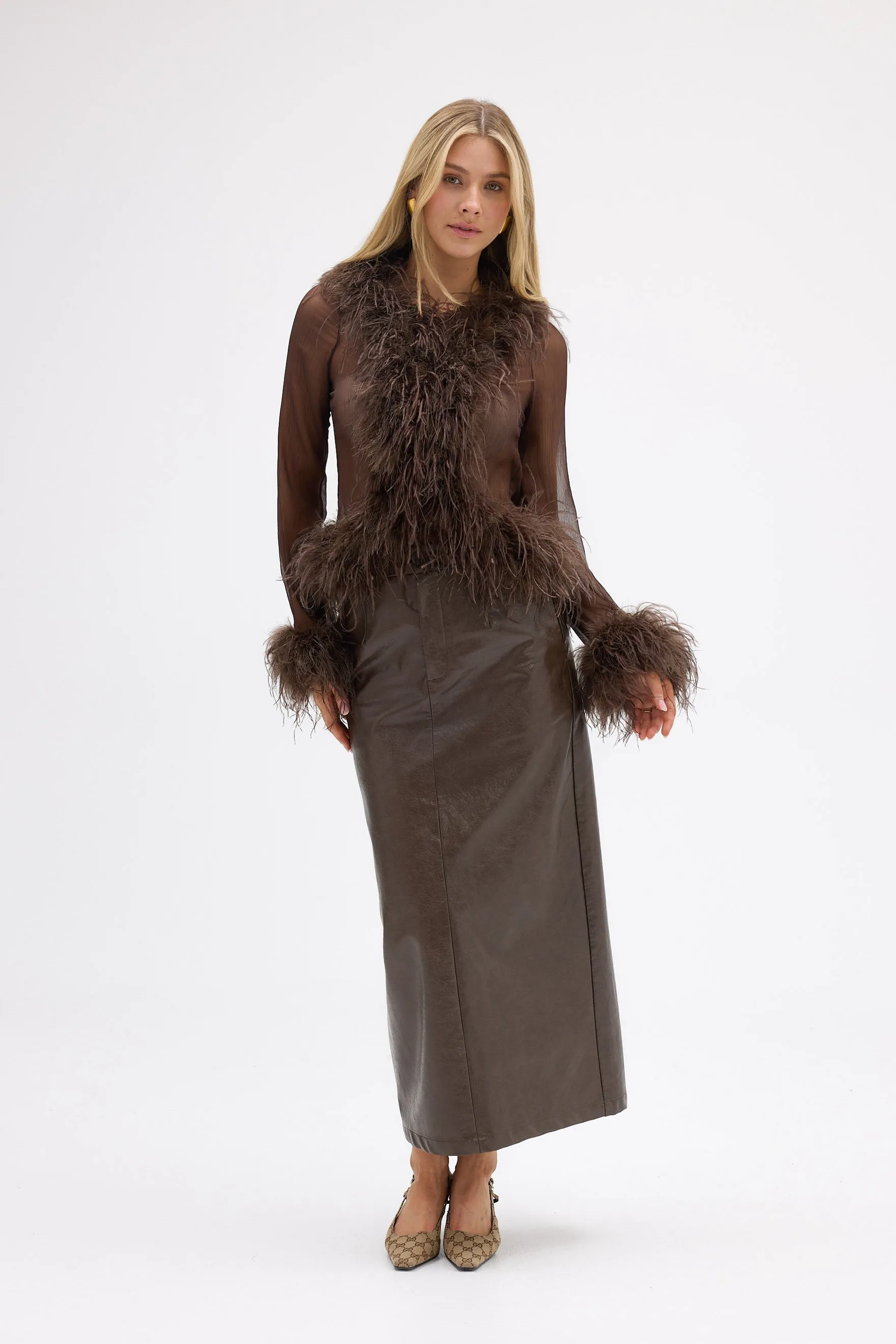 Gigi Sheer Feather Blouse - Chocolate