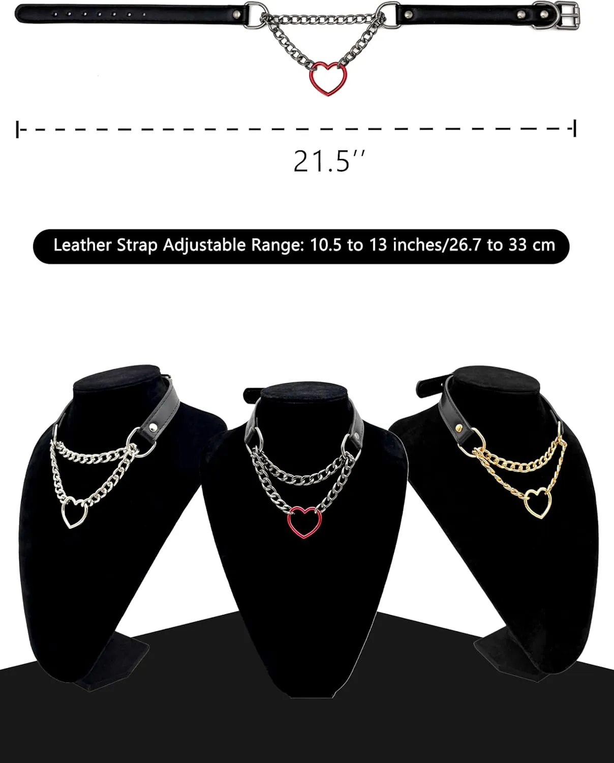 Heart O-Ring Slip Chain Choker Collar Necklace for Women, Adjustable Vegan Leather Punk Necklace with Swivel Clasp & Heart Charm