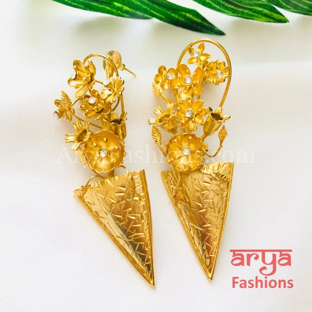 Misha Golden Long Fusion Earrings/ Golden Chipped Earrings/ Golden Flower Earrings