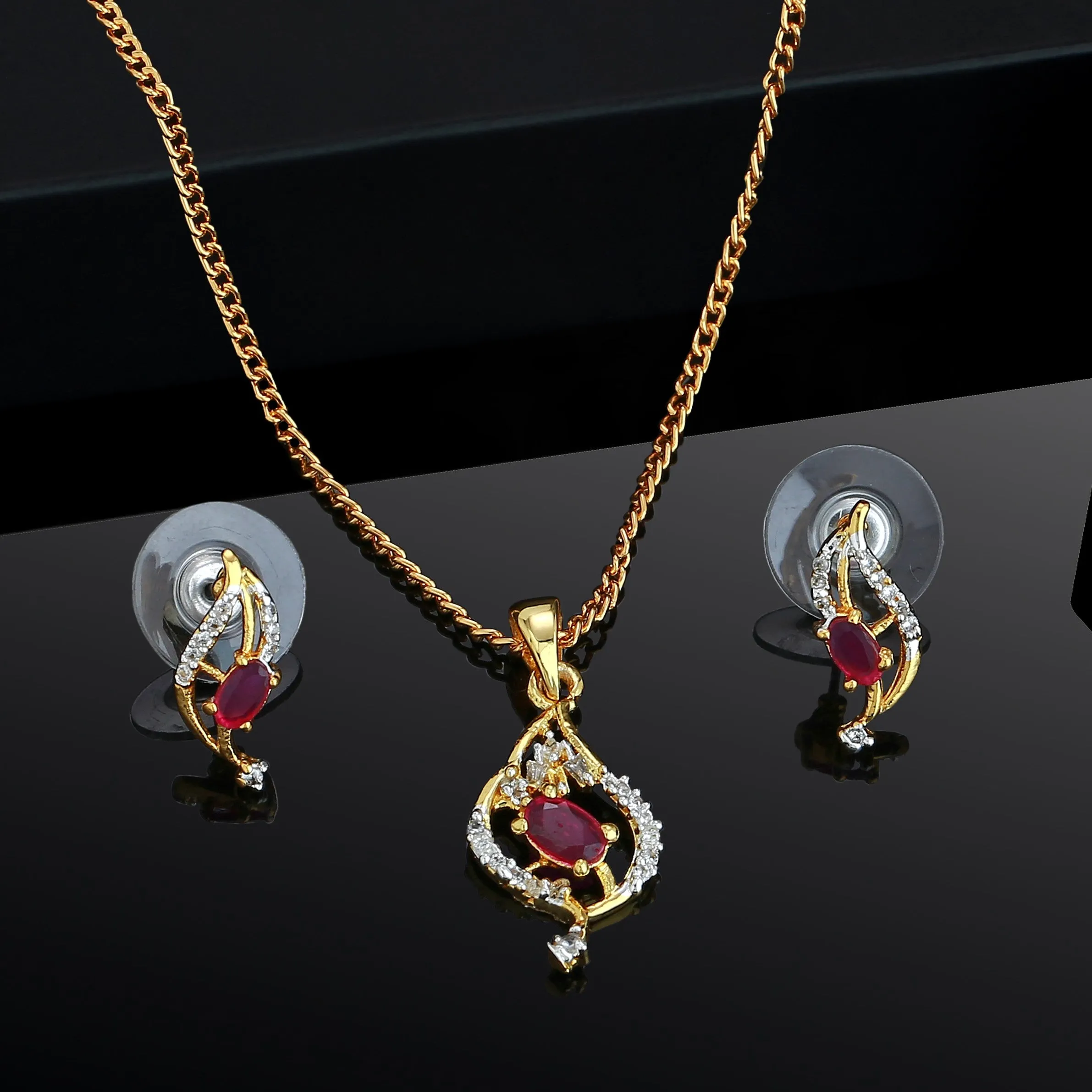 Modern Gold and silver plated American diamond Caught in a wave ruby Necklace