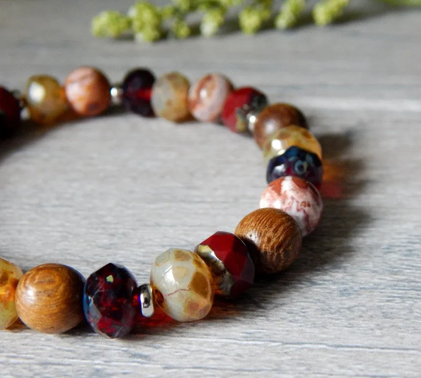 Red and Beige Beaded Boho Bracelet with Rustic Finish