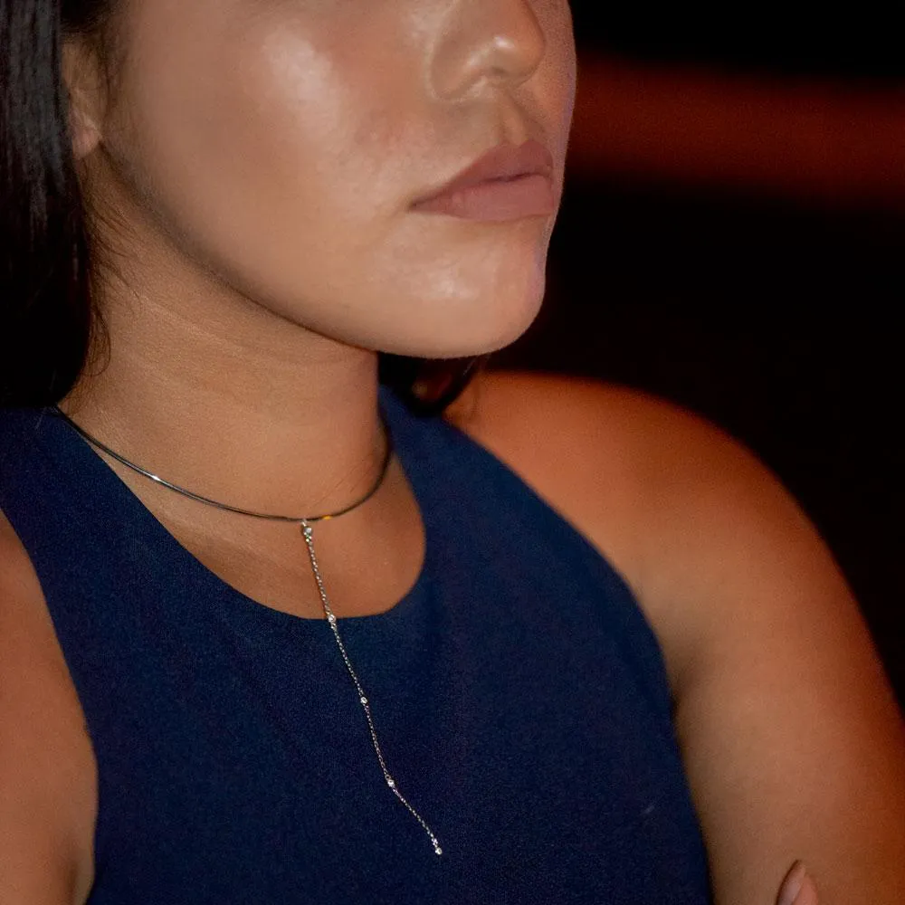 Rhodium Plated Collar with Long Chain CZ Drop