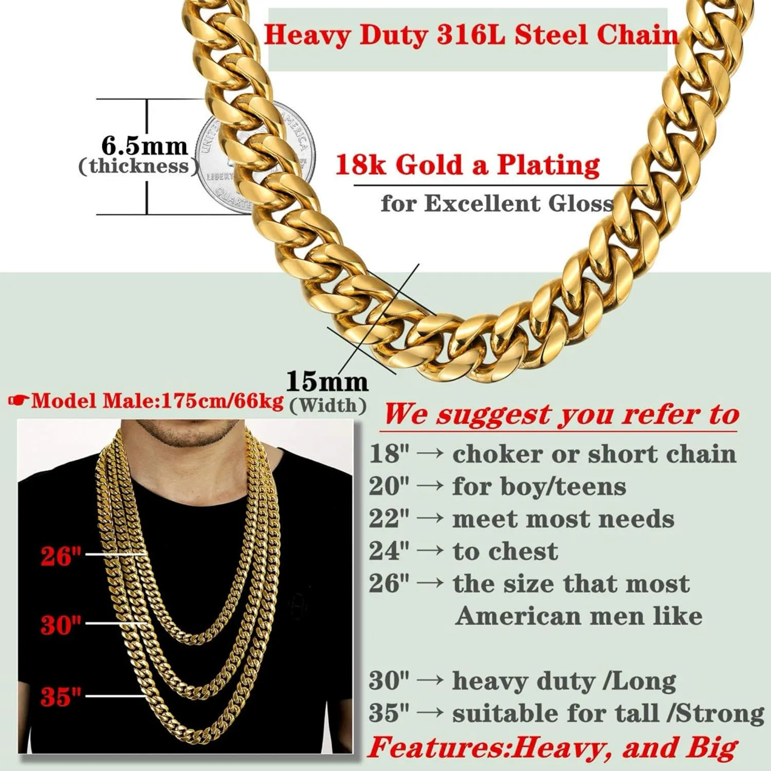 ROWIN&CO Miami Cuban Link Chain for Men 15mm 18k Gold Stainless Steel Curb Necklace, Hip Hop Jewelry, Durable & Anti-Tarnish Mens Chain 18" 20" 22" 30" Inch, Pops Gifts For Fathers Boyfriends, Sons