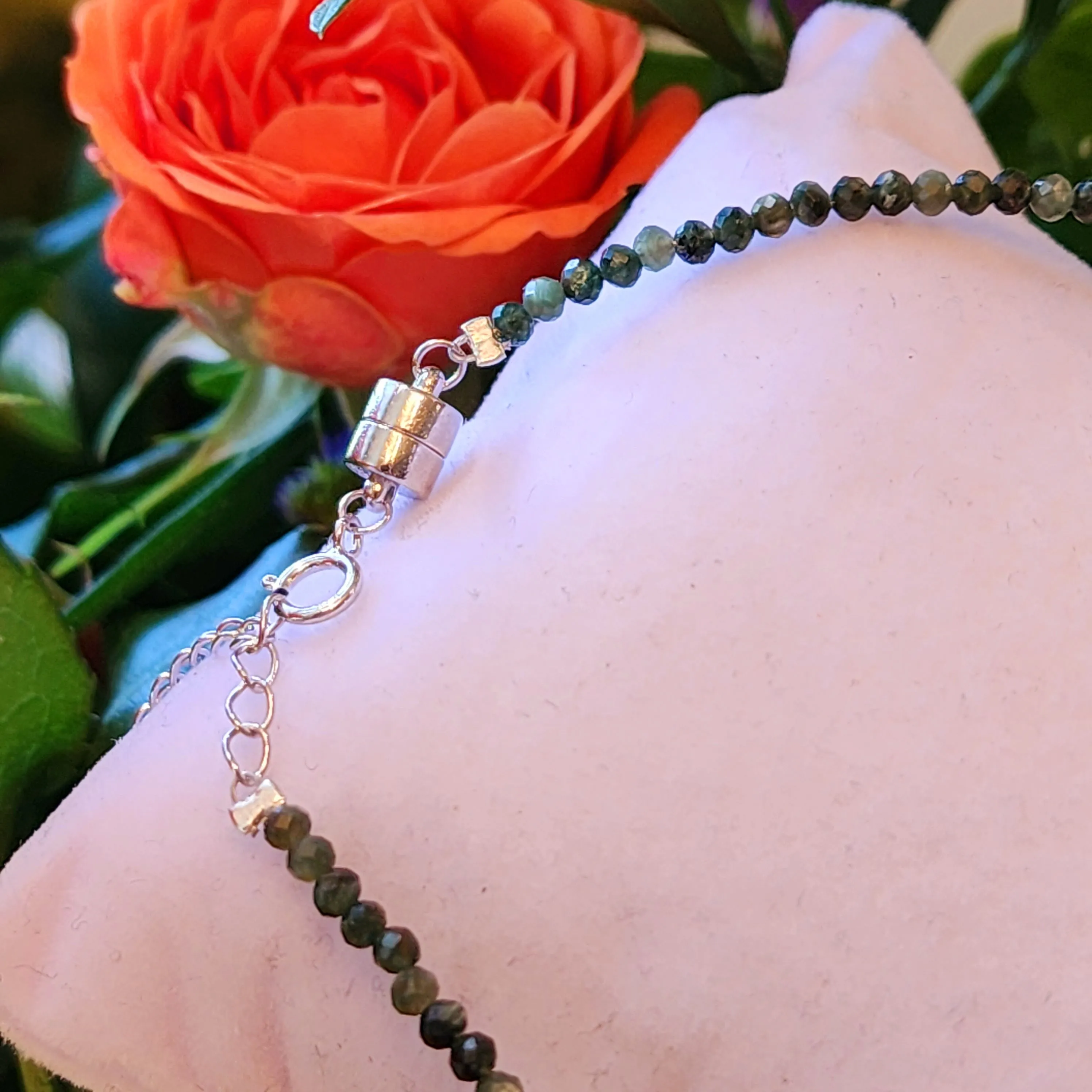 Seraphinite Micro Faceted Anklet .925 Silver for Overall Physical Health, Healing and Cellular Regeneration