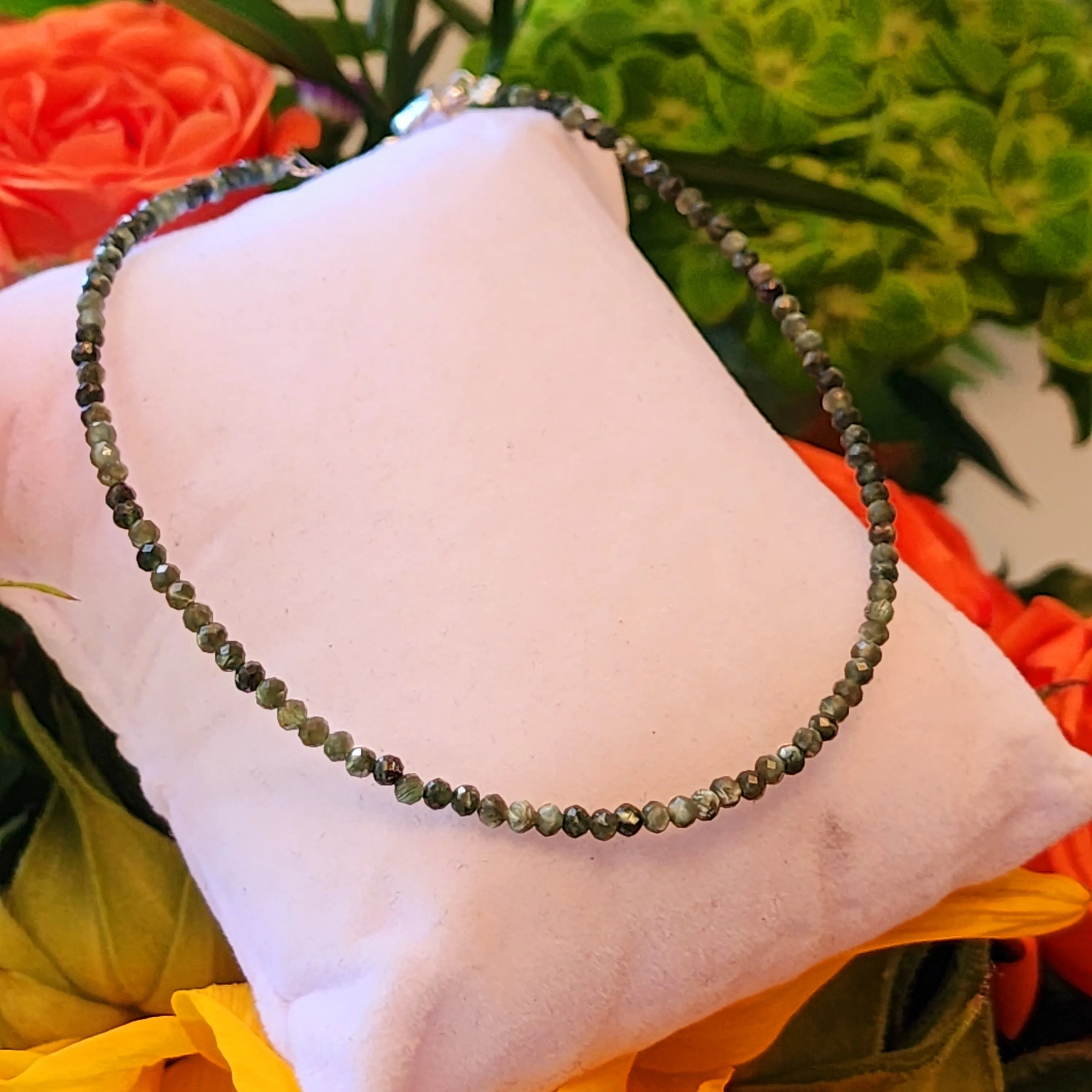 Seraphinite Micro Faceted Anklet .925 Silver for Overall Physical Health, Healing and Cellular Regeneration