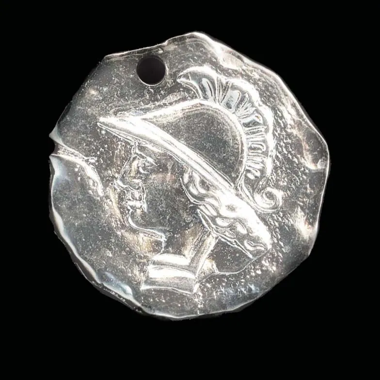 Vintage Stamped Ancient Warrior Coin Charms. Oxidized Silver Metal. Single hole. 21mm. Pkg. of 4. b9-1078