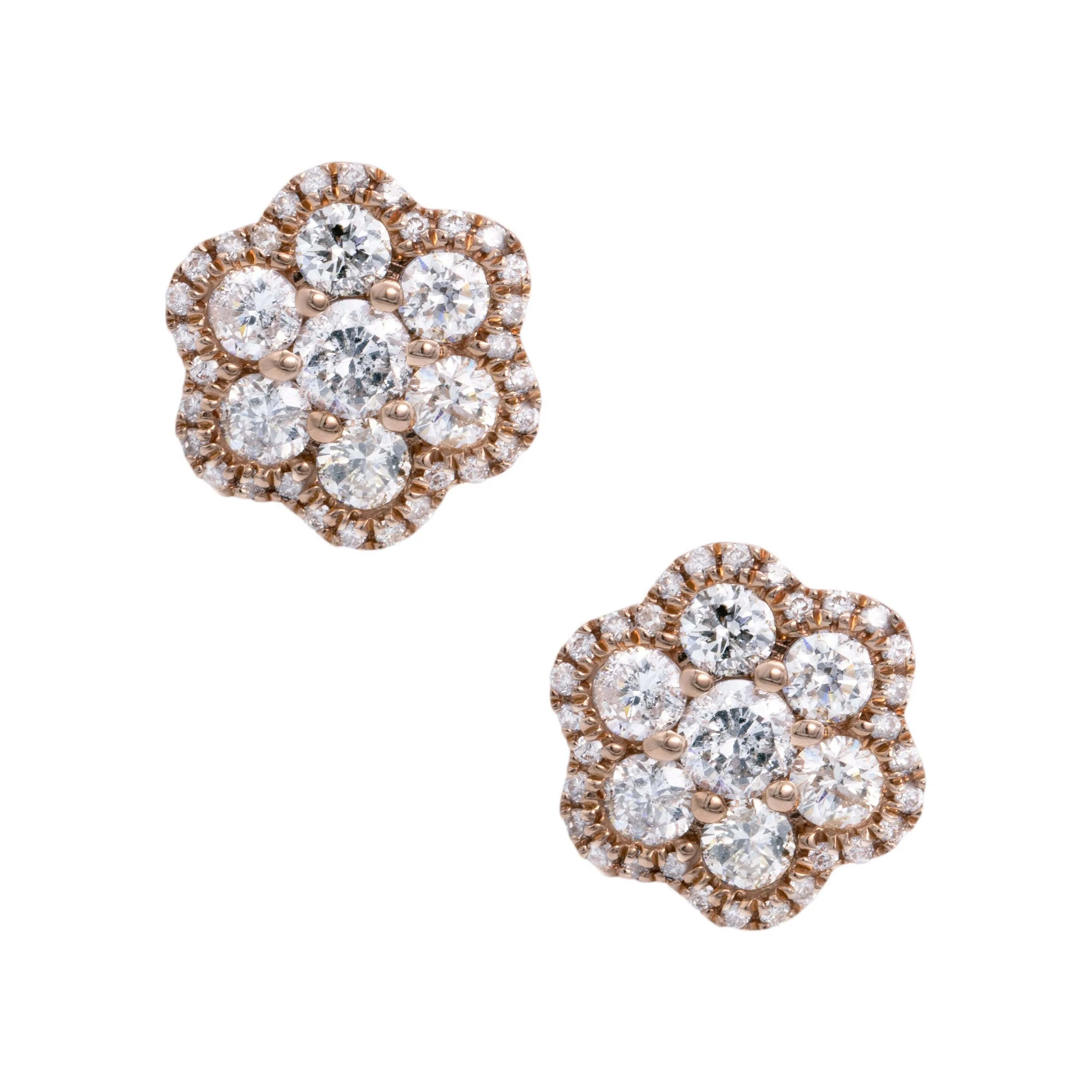 Women's Halo Flower Cluster Diamond Stud Earrings 1.15ct 14K Rose Gold