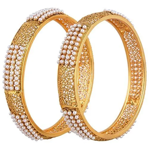 Yellow Chimes Bangles for Women Gold Plated Broad Hand Crafted Pearl Antique Traditional 2 Pcs Bangles for Woemen and Girl's